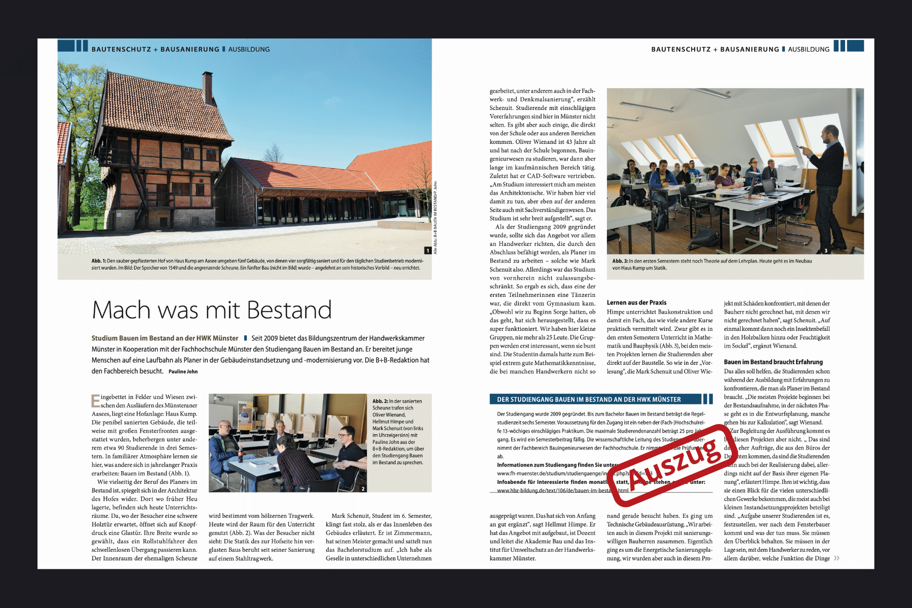 Auszug aus einem Artikel der Fachzeitschrift B+B Bauen im Bestand. Thema ist der Studiengang Bauen im Bestand an der HWK Münster.