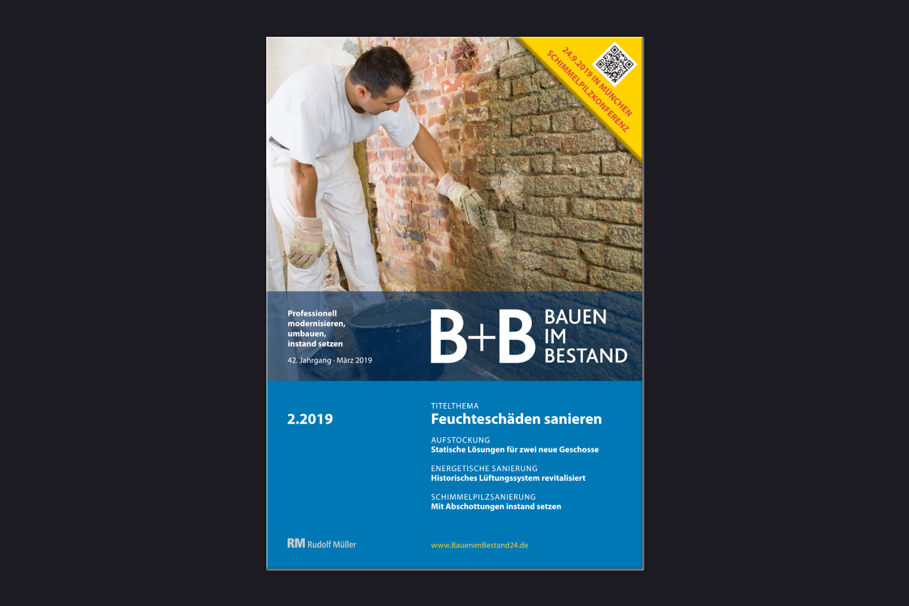 Beispielbild: Titelseite der Fachzeitschrift B+B Bauen im Bestand, Ausgabe 2.2019, Schwerpunkt: Feuchteschäden sanieren