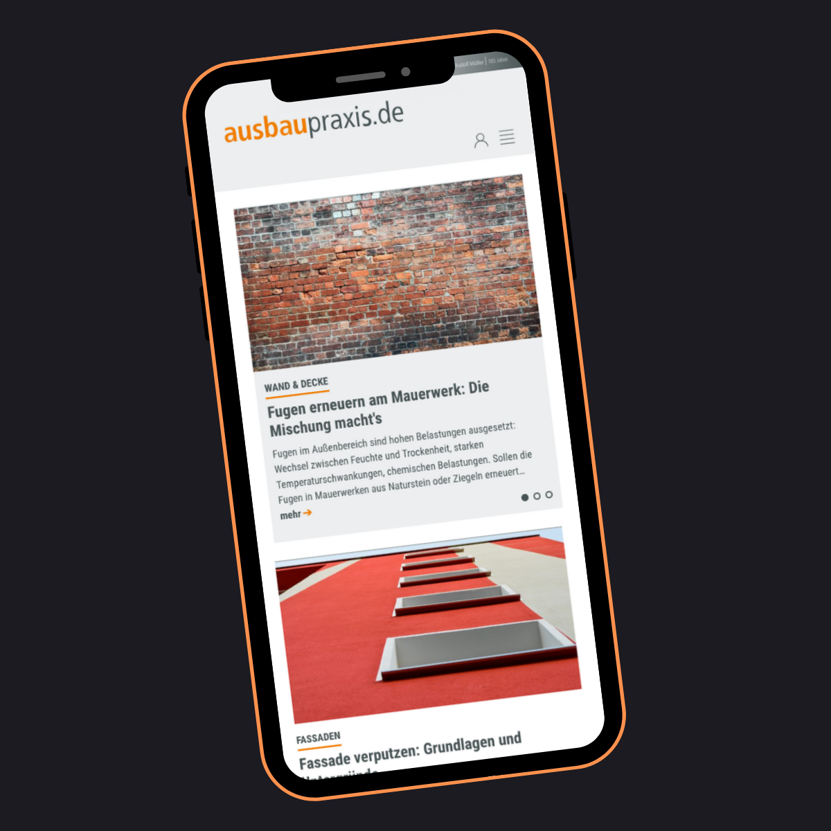 Beispielbild: Handydisplay, das die Webseite www.ausbaupraxis.de anzeigt.